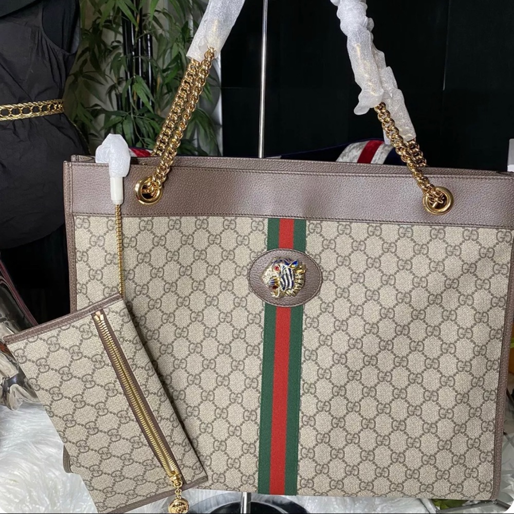 AUTH. GUCCI GG Supreme Monogram Canvas Large Rajah Chain Lion Crystal Tote-NEW🥰
